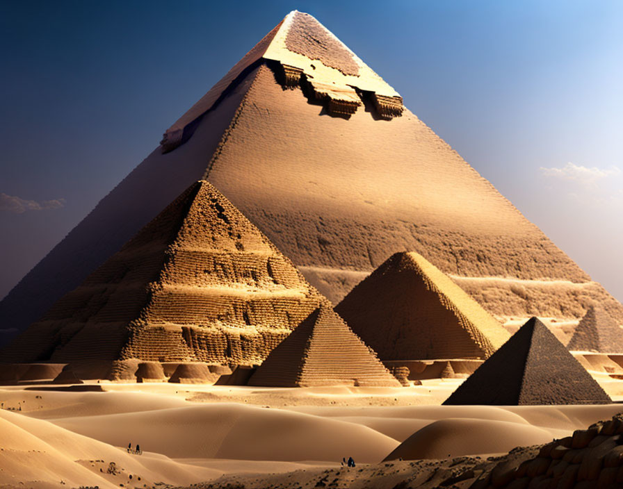 Majestic pyramid under clear sky in vast desert landscape