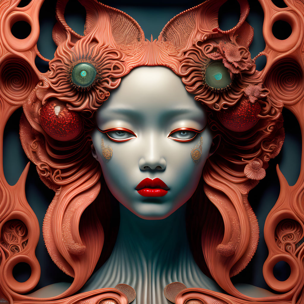 Surreal portrait featuring figure with intricate red coral-like hair and sea life elements on dark teal background