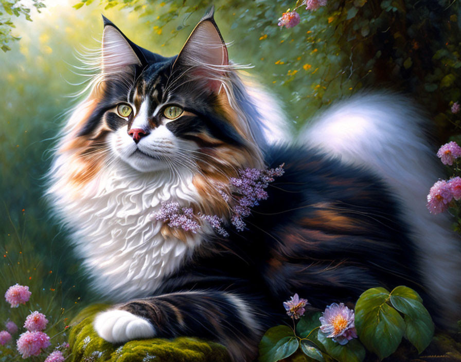 Fluffy long-haired cat on mossy rock in blooming garden