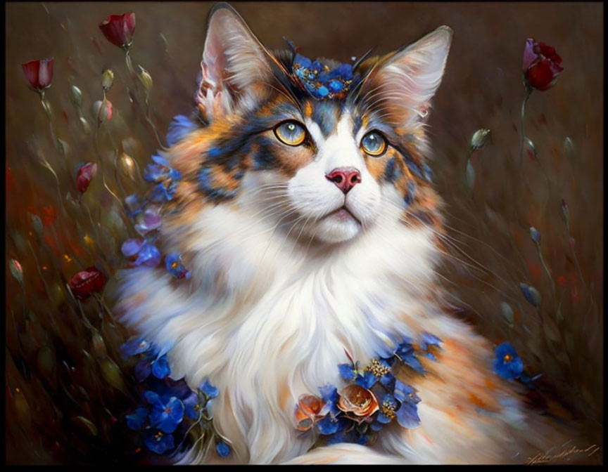 Majestic cat with lush coat and blue eyes in floral crown and soft flowers