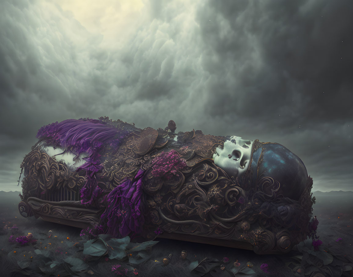 Classical Sofa and Mask in Surreal Stormy Setting