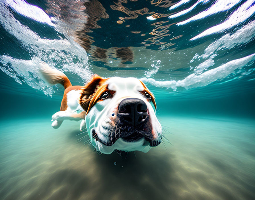 Beagle Swimming Underwater with Light Patterns