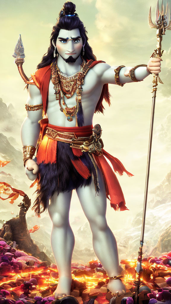 Blue-skinned animated character with trident in mountain landscape wearing traditional attire.