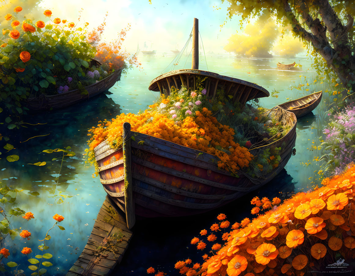 Orange flowers in wooden boats on serene waters with lush greenery and misty golden backdrop.