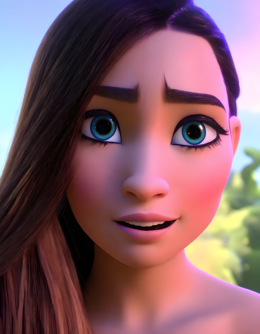 Detailed 3D animated female character with expressive eyes and subtle smile on soft-focus background