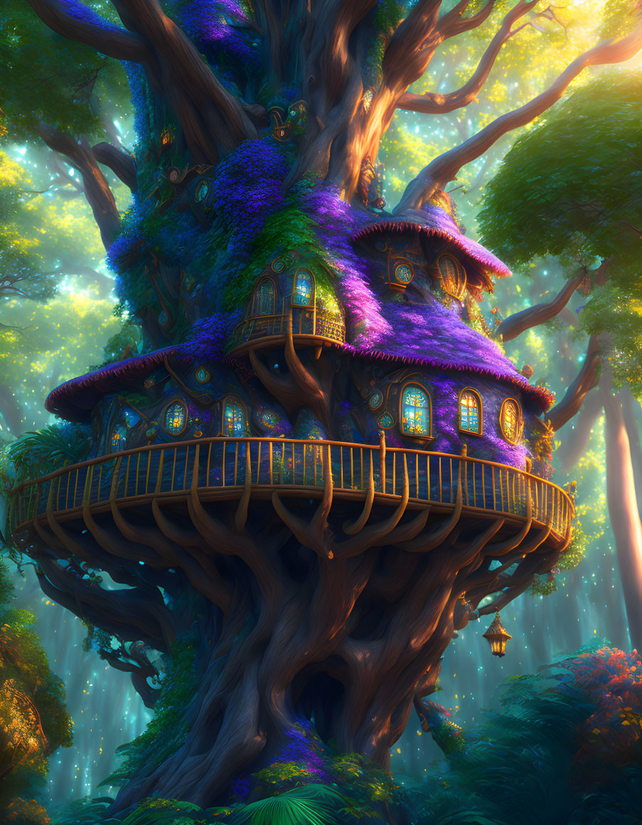 Majestic treehouse with purple roofs in mystical forest