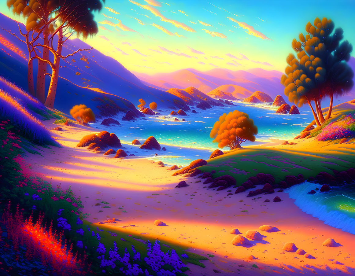 Colorful Sunset Beach Landscape with Purple Grass and Mountains