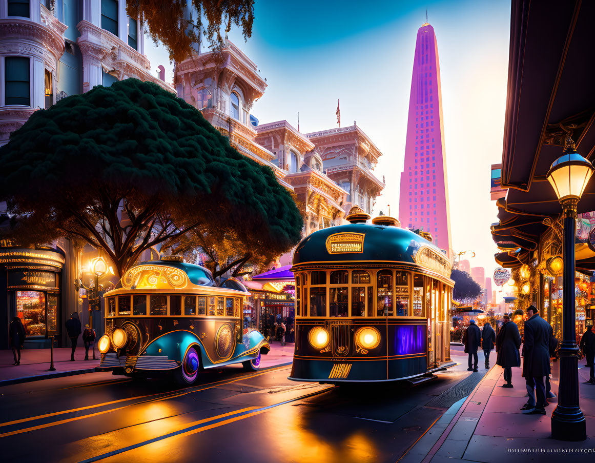 Colorful street scene with retro trams in vibrant city setting at dusk