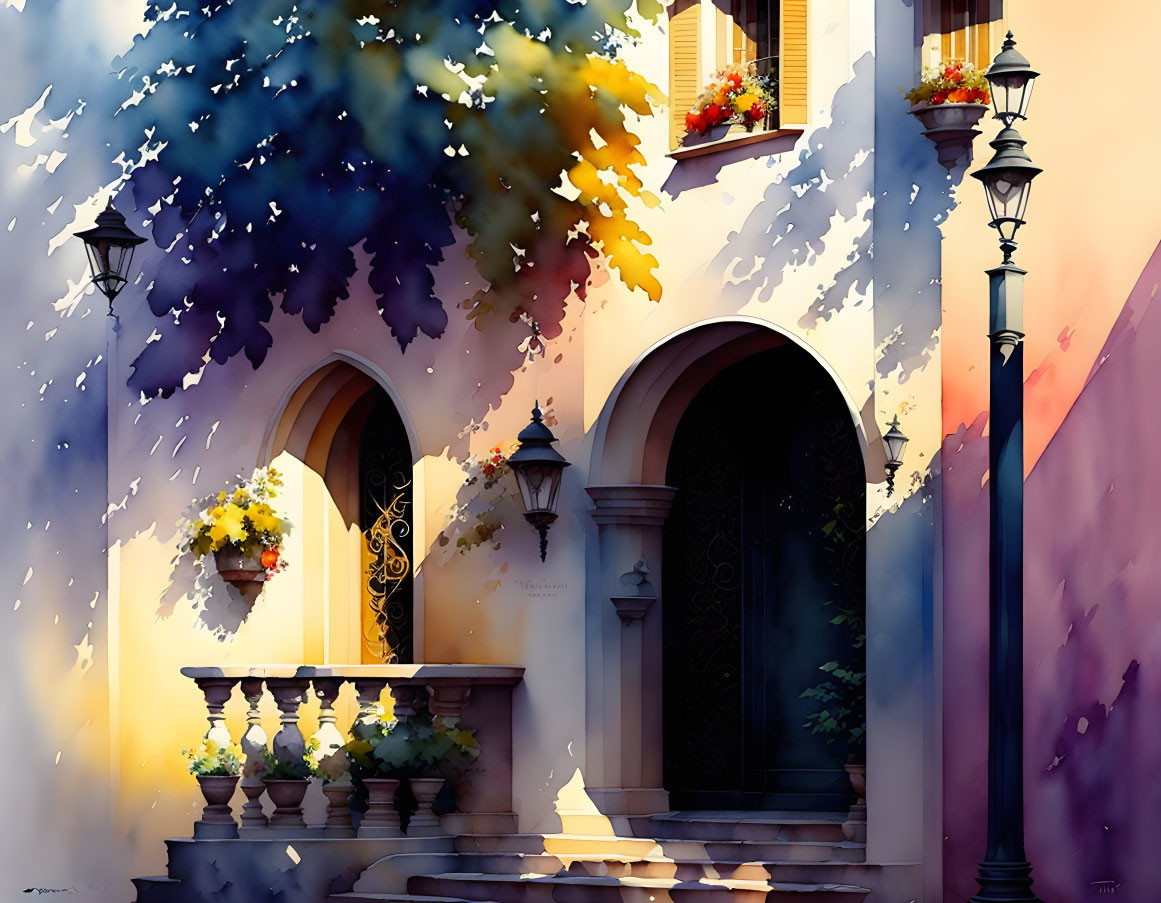 Charming street scene with sunlit archways and vintage street lamps