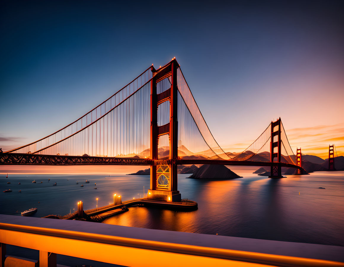 Iconic Golden Gate Bridge Sunset Scene with Orange Skies and City Lights