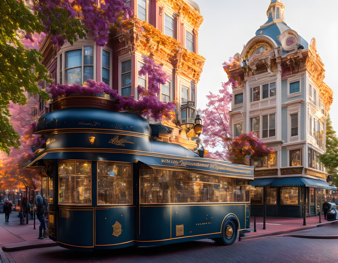 Vintage Blue Streetcar Amid Blooming Purple Trees and Ornate Buildings