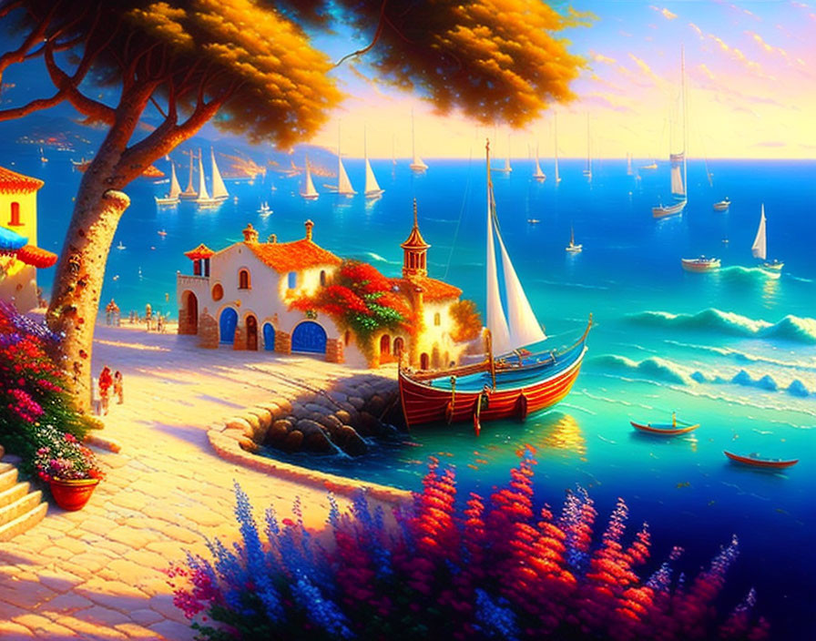 Scenic coastal sunset with sailboat, houses, flowers, and boats