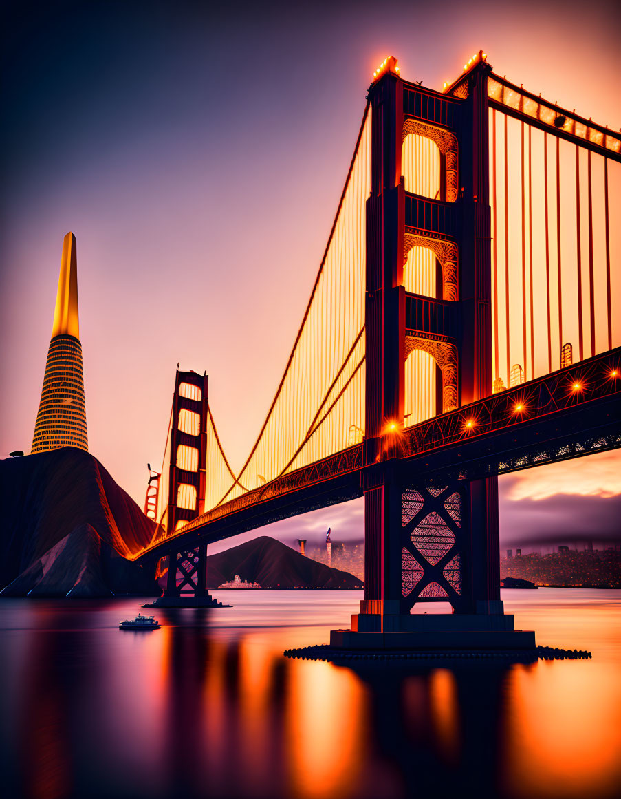 Iconic Golden Gate Bridge Sunset Scene with Glowing Lights and Orange Sky