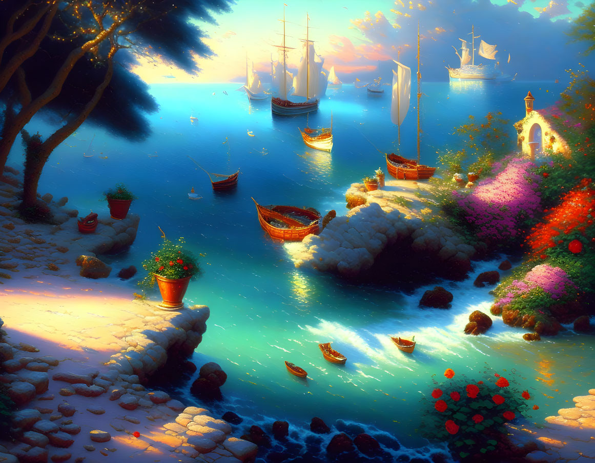 Colorful fantasy harbor scene at sunset with gardens, boats, shimmering water, and distant chapel.