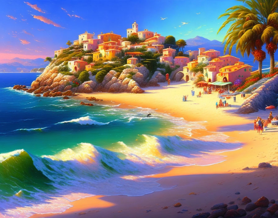 Tropical beach scene with palm trees, colorful buildings, and crashing waves