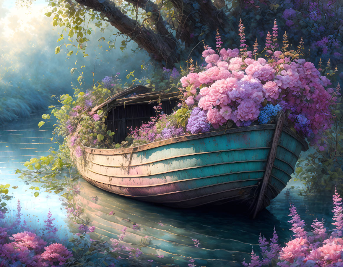 Wooden boat filled with pink flowers on serene waters in forested landscape