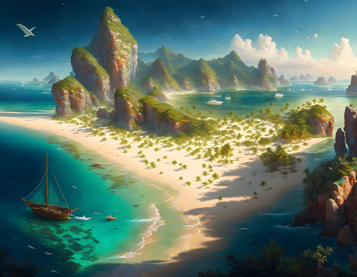 Tranquil beach scene with boat, green islands, birds, and turquoise sea