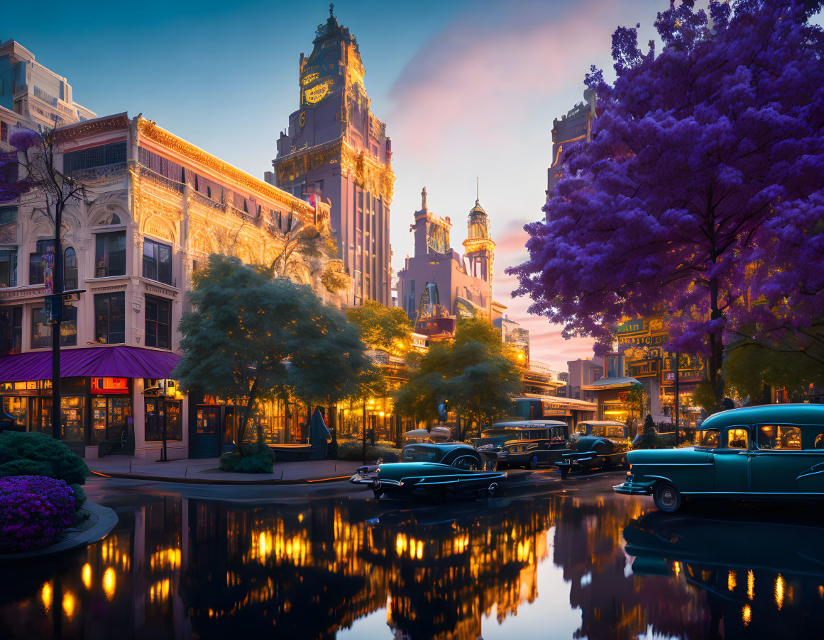 Vintage Car Parked on Historic Street at Dusk with Water Reflections