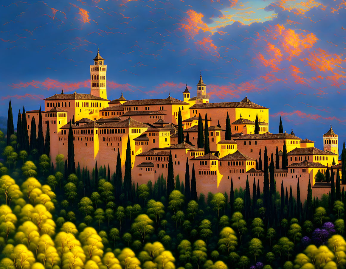 Illustrated landscape: grand castle on hill, lush green trees, dramatic orange and blue sky