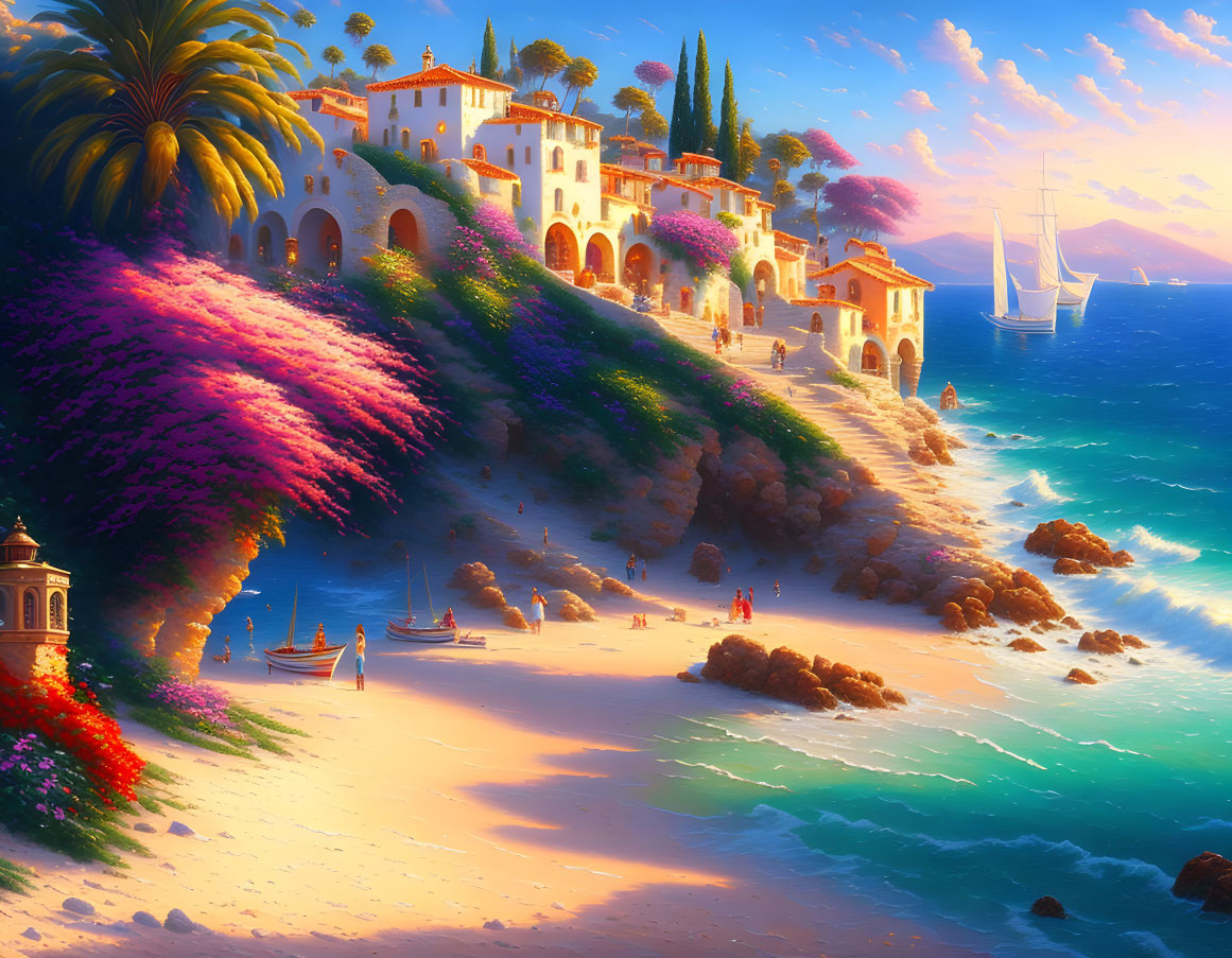 Colorful Coastal Scene: Flora, Villa, Boats, Beach People