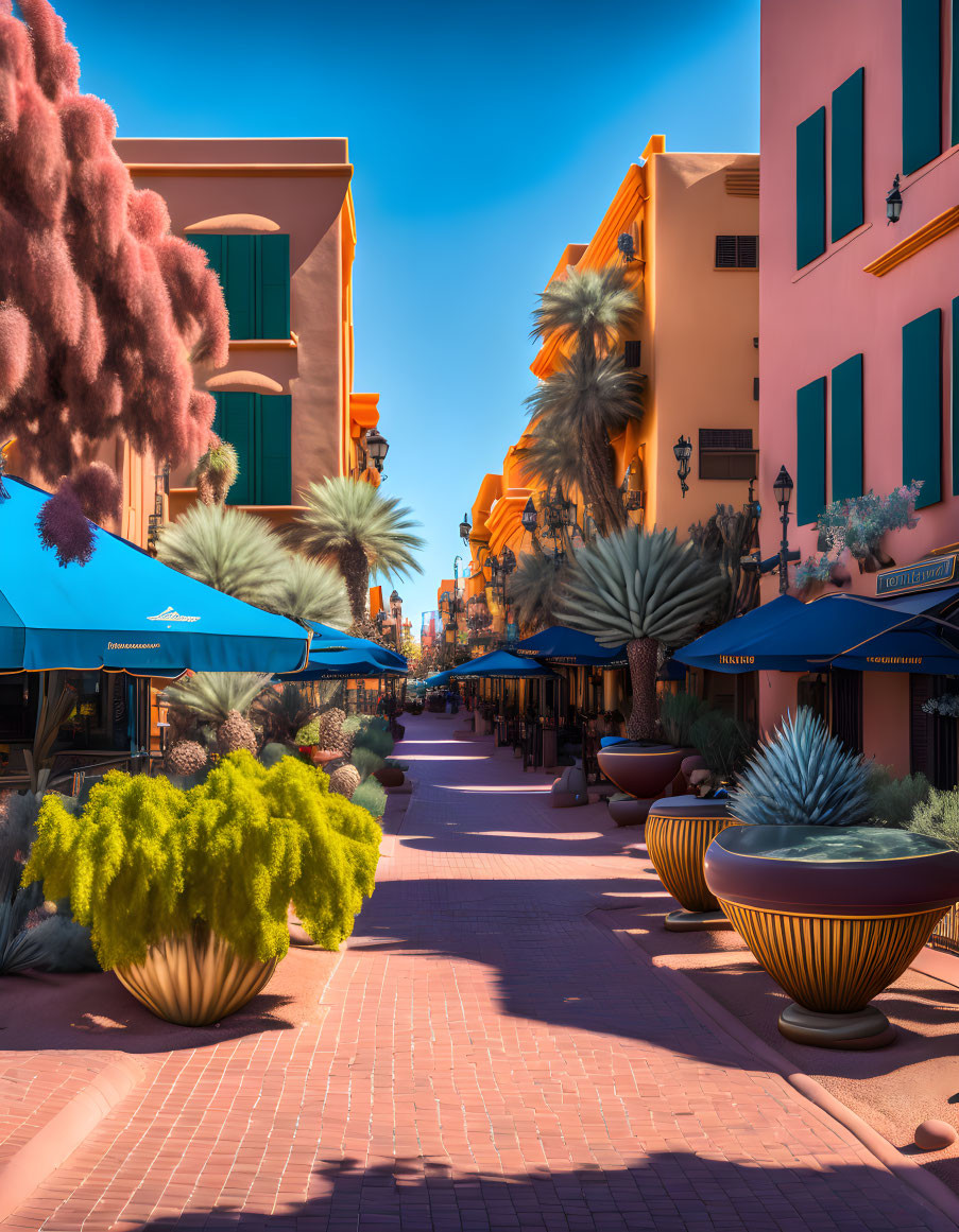 Colorful Street Scene with Pastel Buildings and Blue Awnings