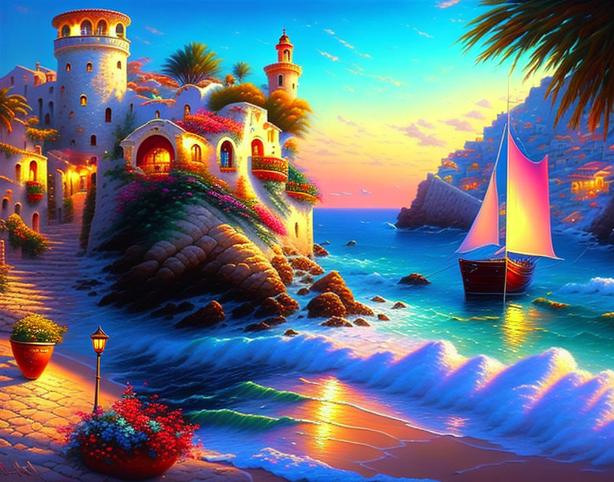 Colorful sunset coastal scene with sailboat, flowers, buildings, and waves.