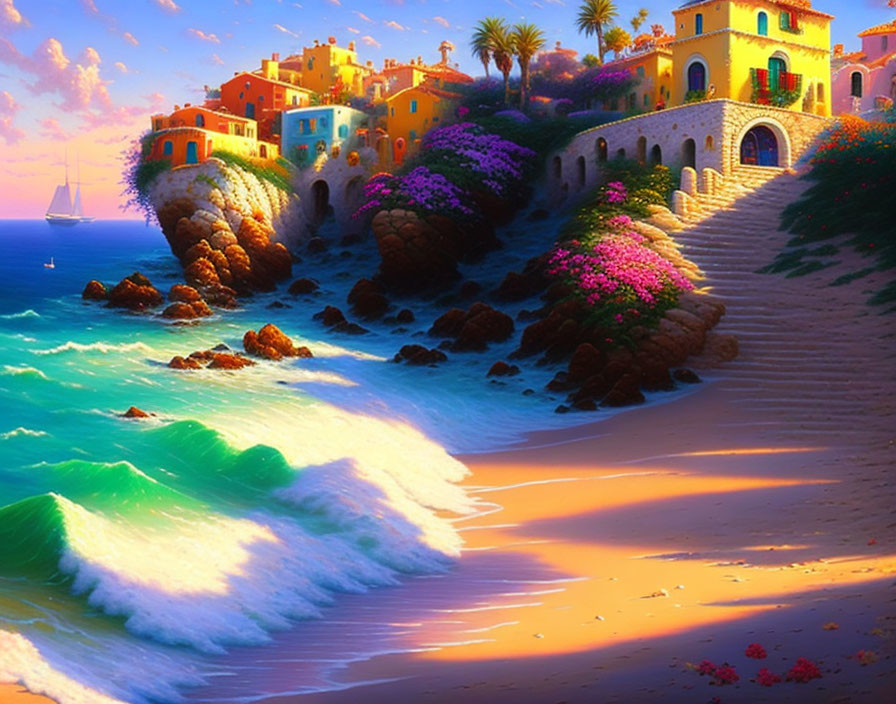 Turquoise waves, sandy beach, colorful houses, greenery, sunset hues