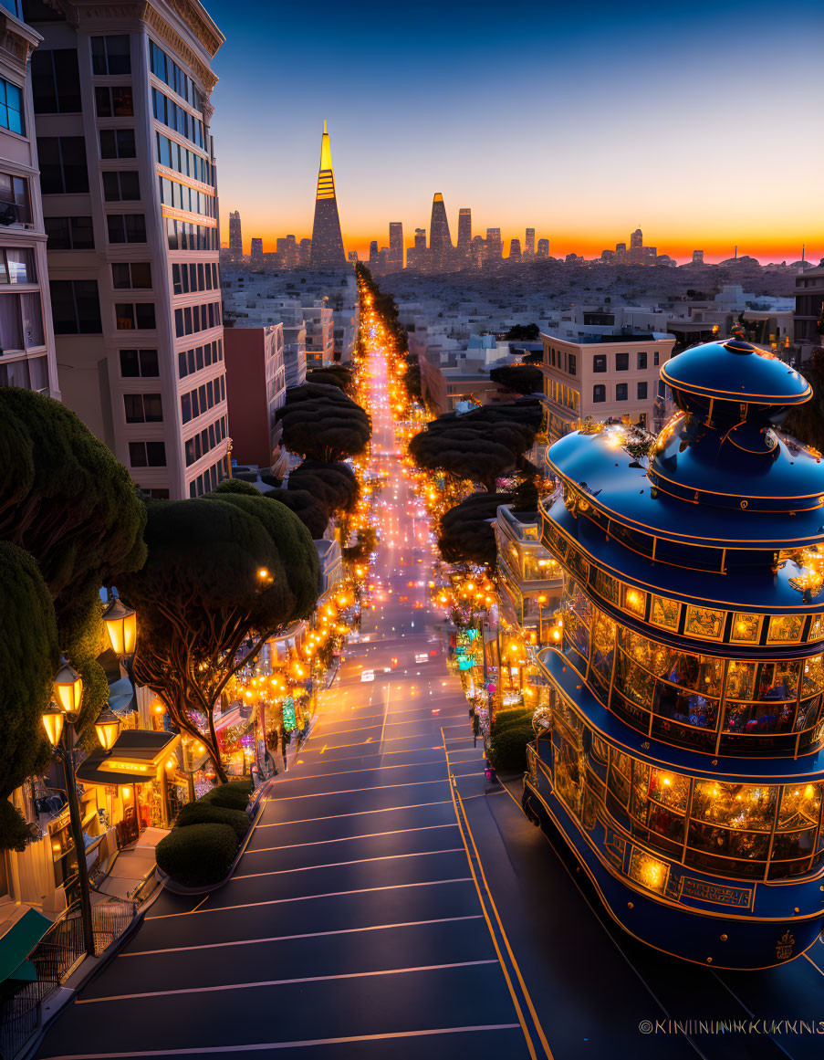 Cityscape with illuminated street, cable car, and lit tower at twilight