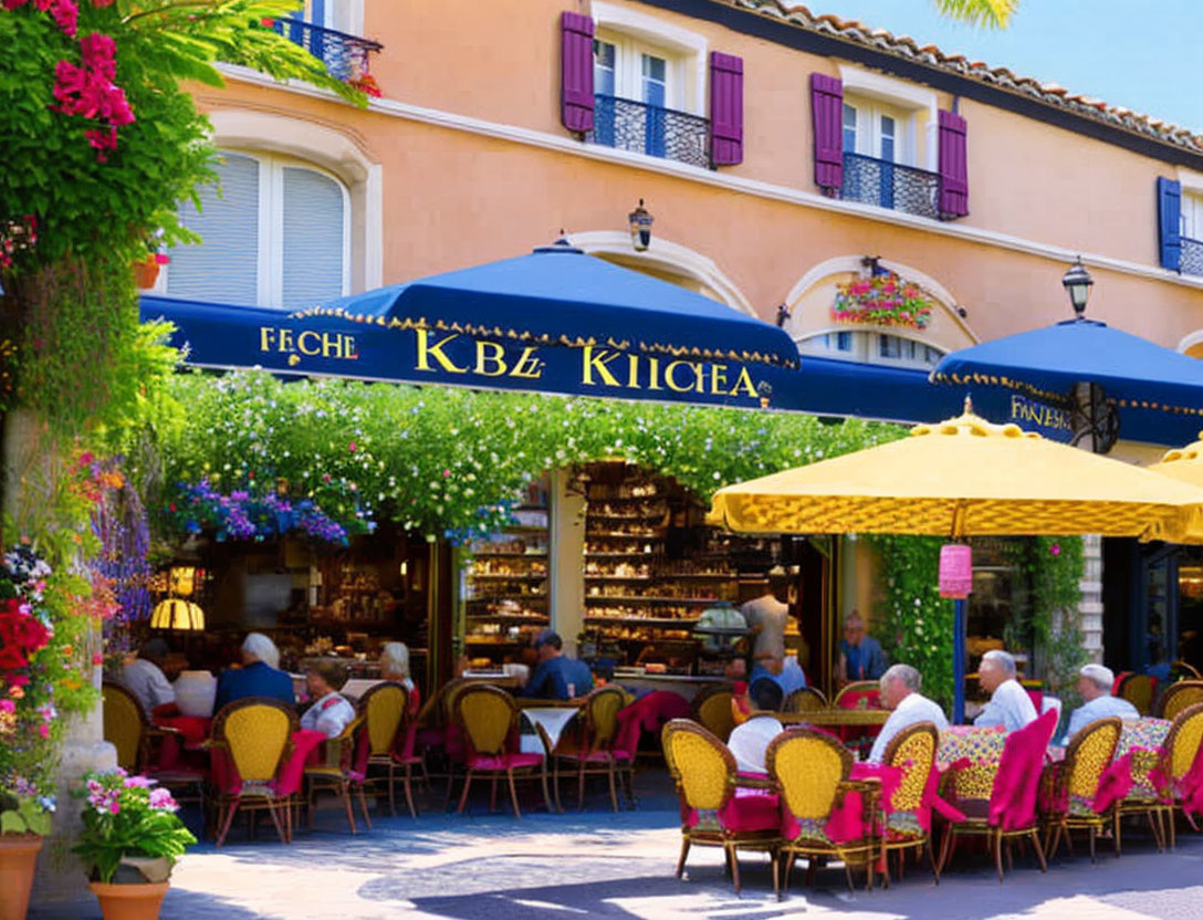 Vibrant outdoor cafe with blue awnings, colorful chairs, and lush greenery