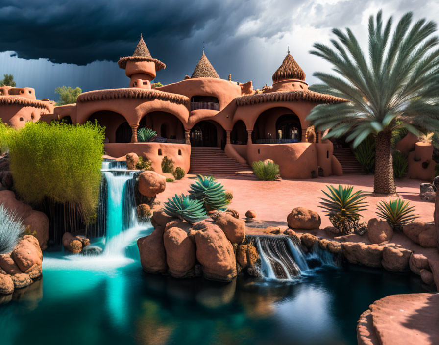 Traditional brown adobe architecture with cone-shaped roofs in lush oasis.