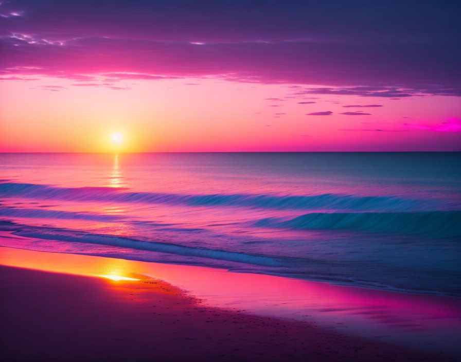 Scenic pink and purple sunset over calm ocean beach