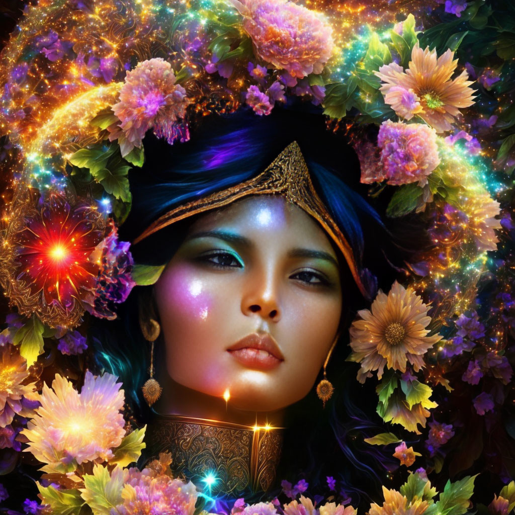 Vibrant floral portrait with glowing lights and golden headpiece