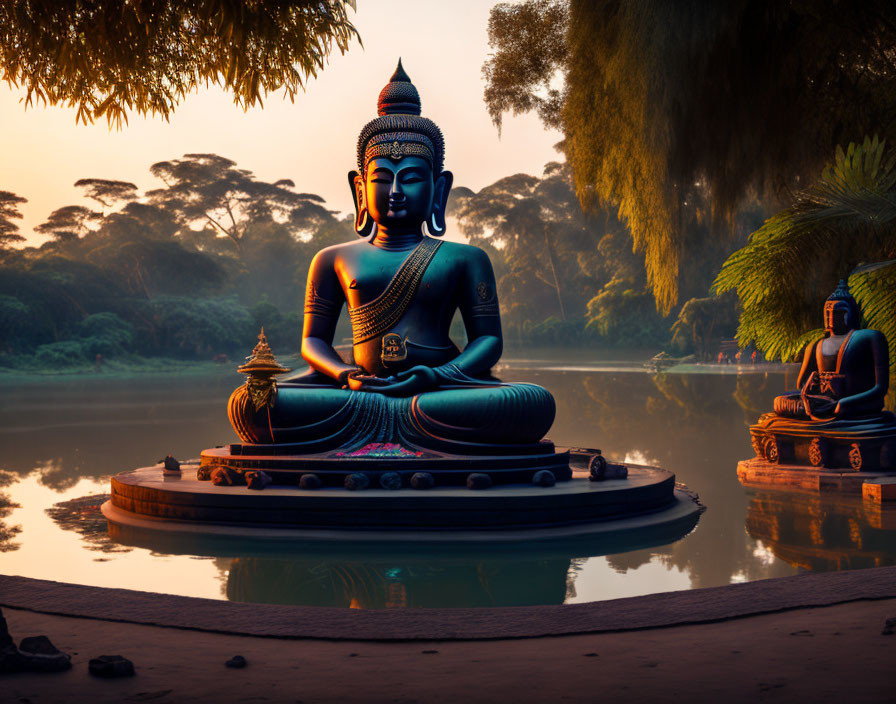 Tranquil Buddha statue meditating by lake at sunset