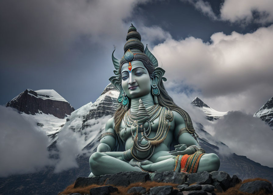 Lord Shiva statue meditating with snowy mountains and cloudy sky