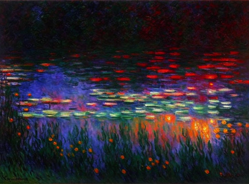 Vibrant Night Pond Painting with Reflections & Greenery