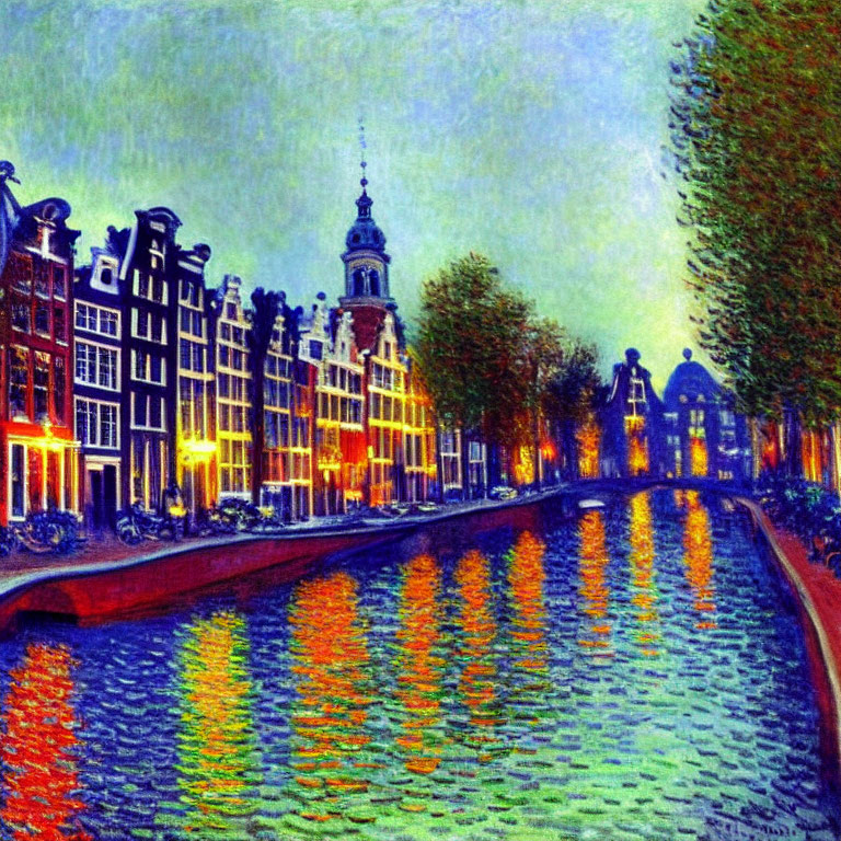 Canal in Amsterdam at Twilight with Vibrant Light Reflections