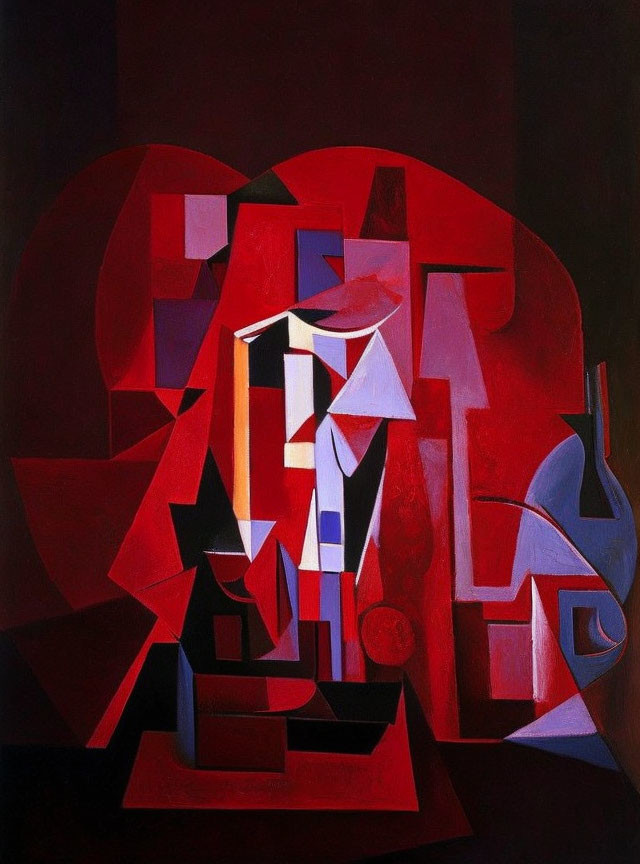 Abstract Cubist Painting in Red, Blue, and White Geometric Shapes