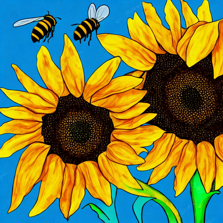 Vibrant sunflowers and bees on blue background