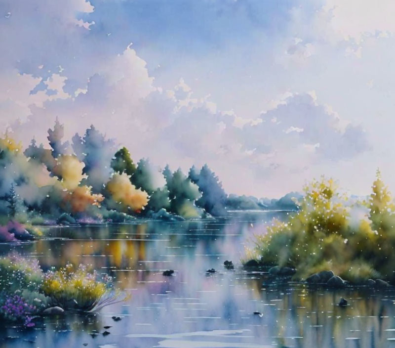 Serene lakeside watercolor painting with pastel skies