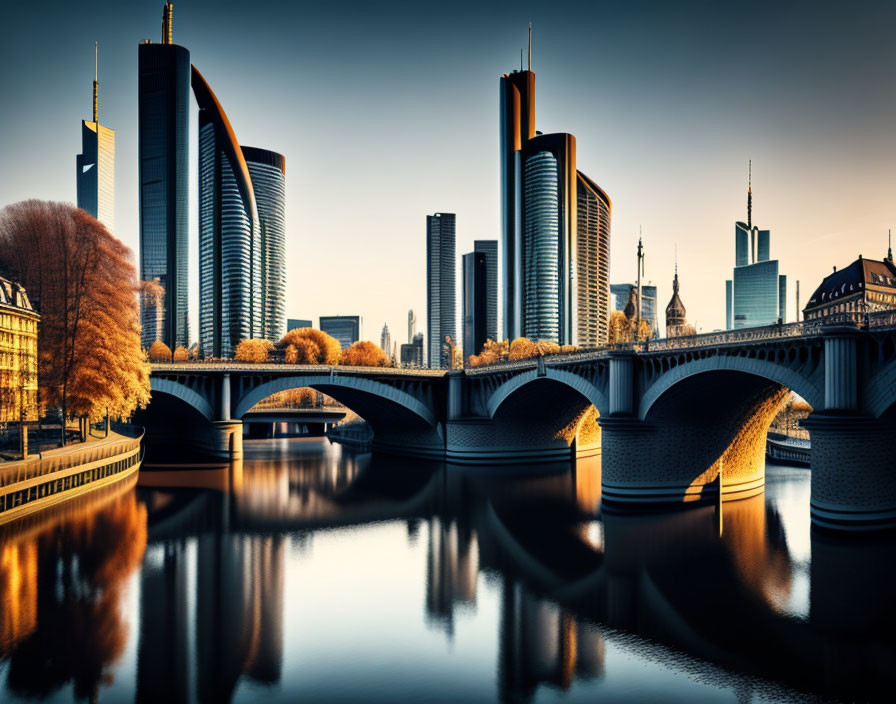 Tranquil river and stone bridge against modern skyline