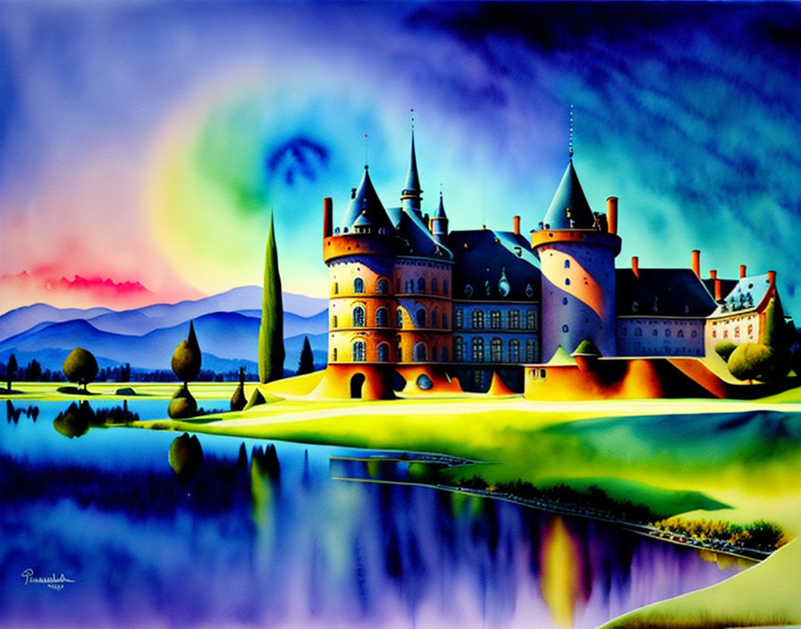 Fairytale castle illustration by calm lake at dusk