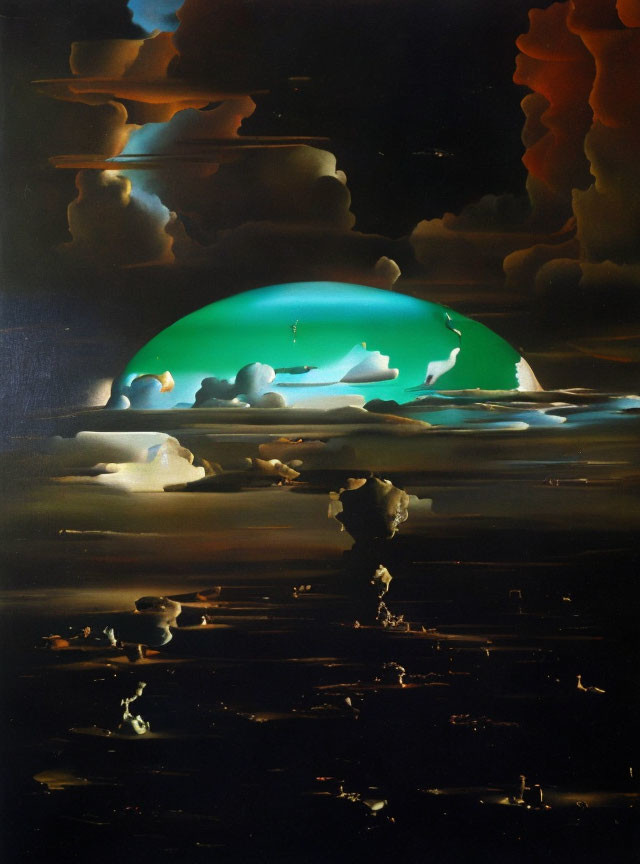 Surrealist landscape with central dome, clouds, and reflective water