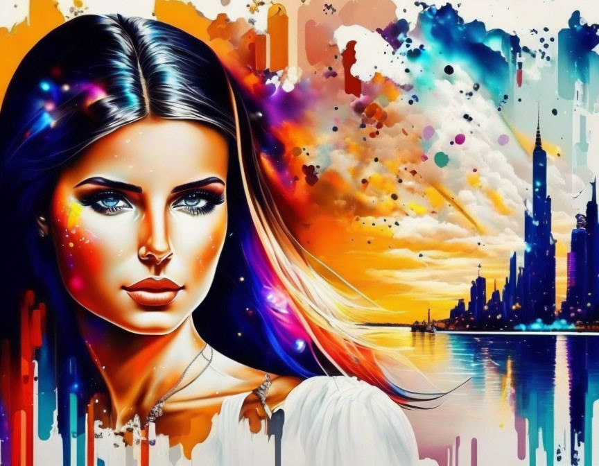 Colorful artwork of woman with cityscape and paint splatters.