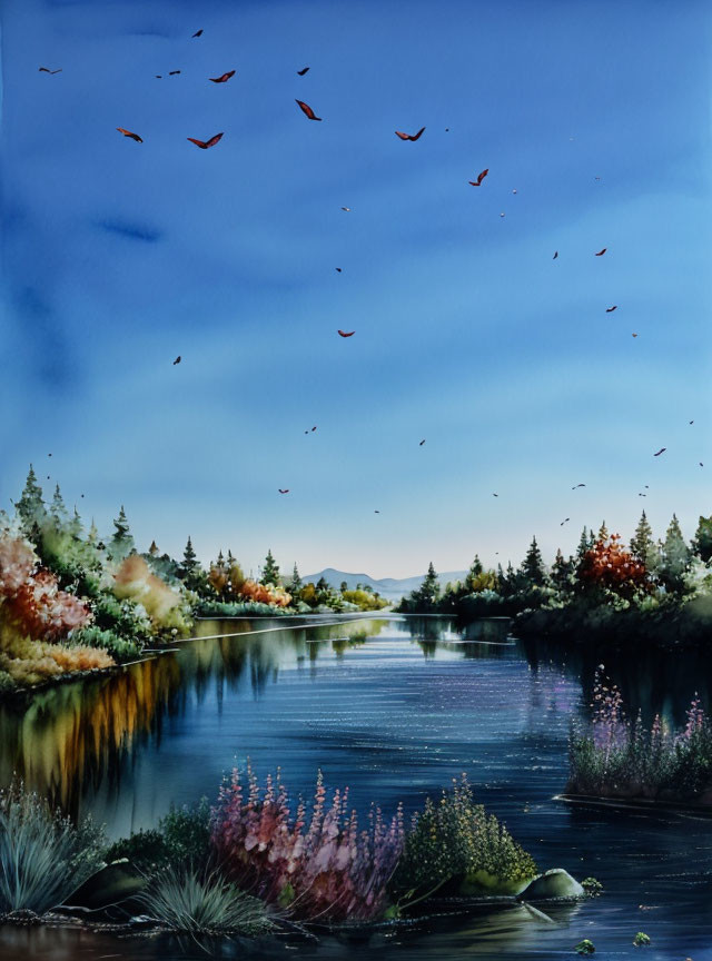 Tranquil landscape painting: Birds flying over serene river and lush foliage