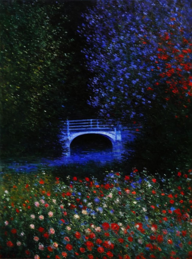 Nighttime garden painting with bridge over pond, red and blue flowers, lush green foliage, dark blue