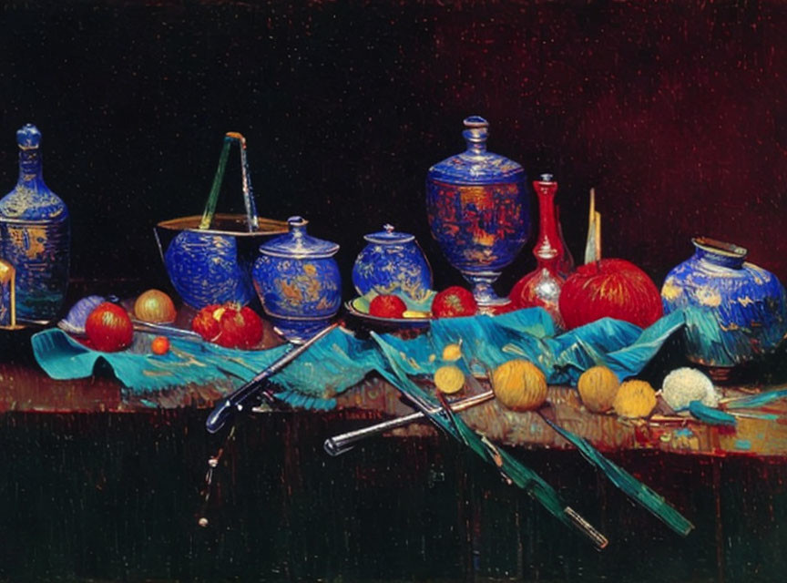 Ornate Blue and White Vases, Red Apples, White Flowers Still Life Painting