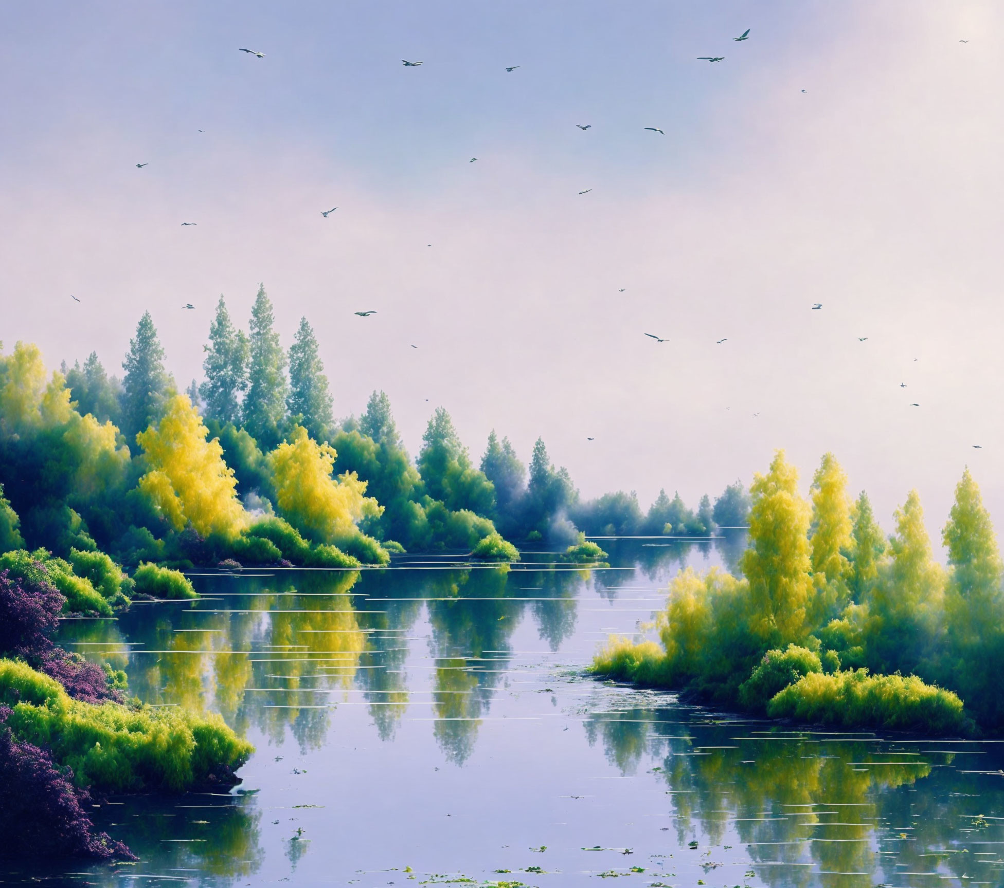 Tranquil river scene with lush green and yellow foliage, hazy purple sky, and flying birds