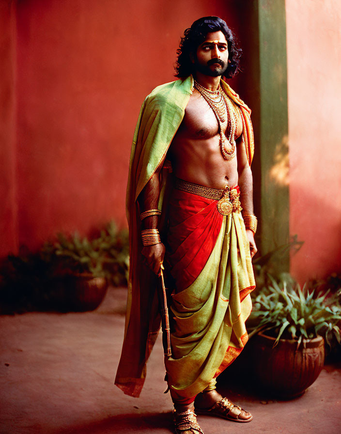 Traditional Indian Attire Man with Sword and Jewelry on Red Background