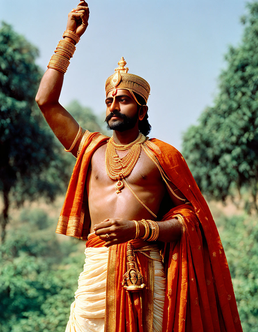 Traditional Indian Attire with Crown and Red Cape in Regal Pose