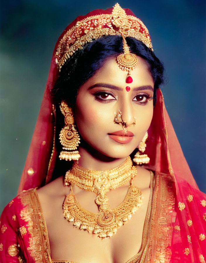 Traditional Indian Bridal Attire with Red Veil and Gold Jewelry